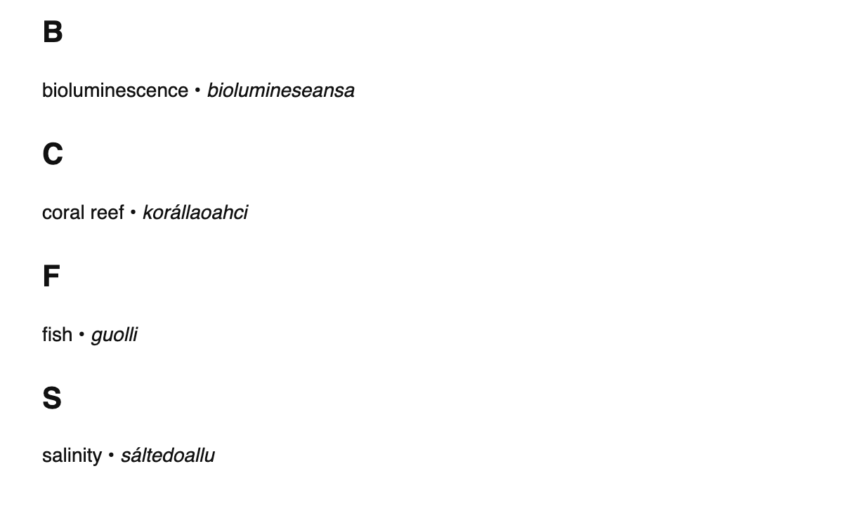 Marine biology terms in Northern Sámi
