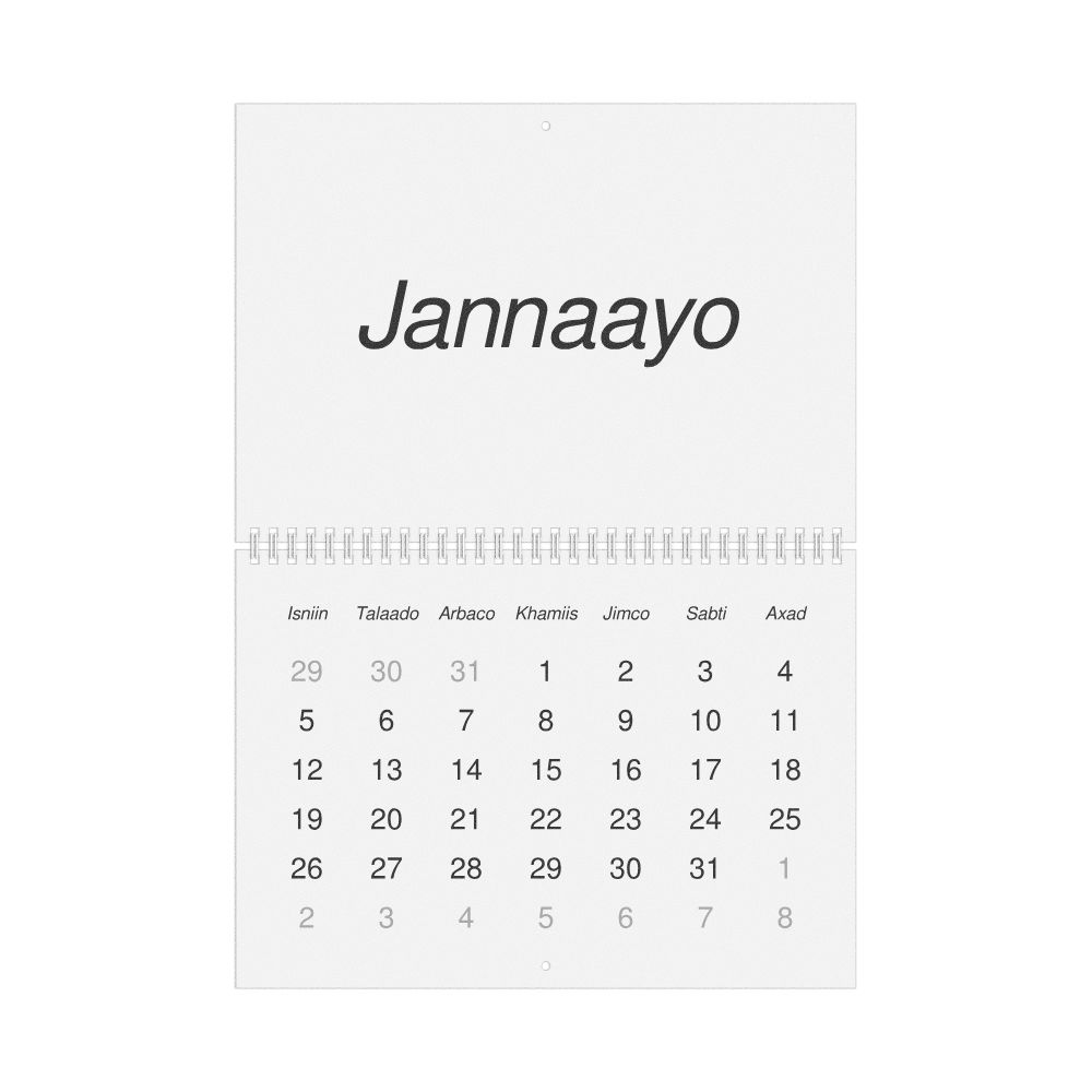 Leskoff 2026 Wall Calendar, Somali-Labeled, Monday-Start Layout, Wire-Bound, 11.7 x 8.3 in (29.7 x 21.0 cm), image 1 of 1