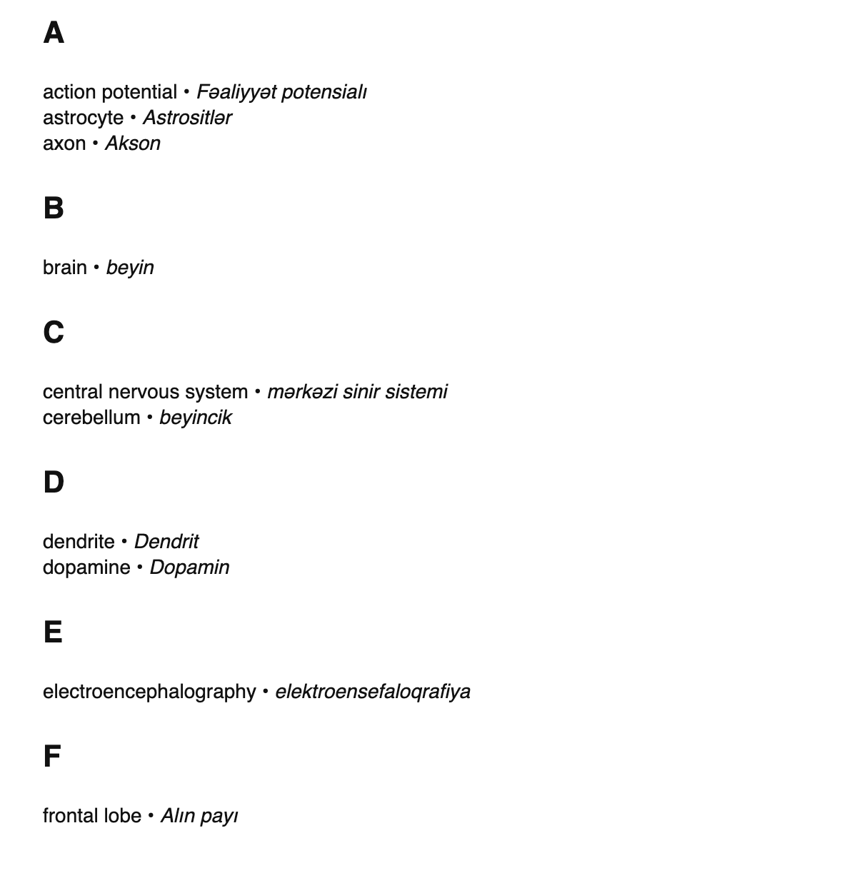 Neuroscience terms in Azerbaijani