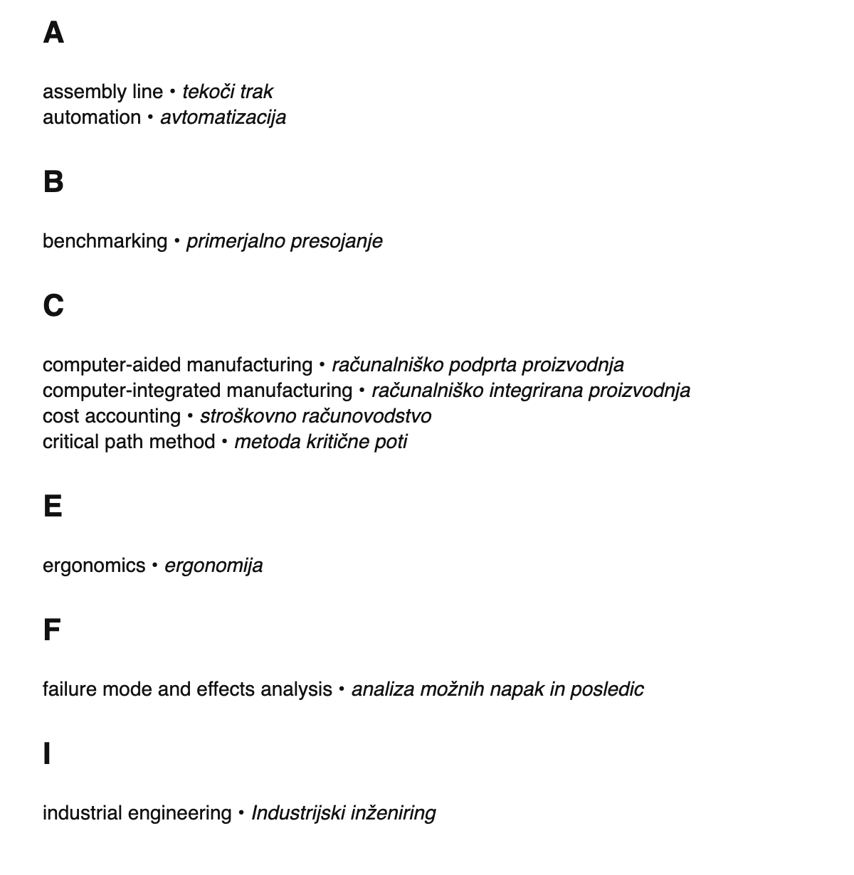 Industrial engineering terms in Slovene