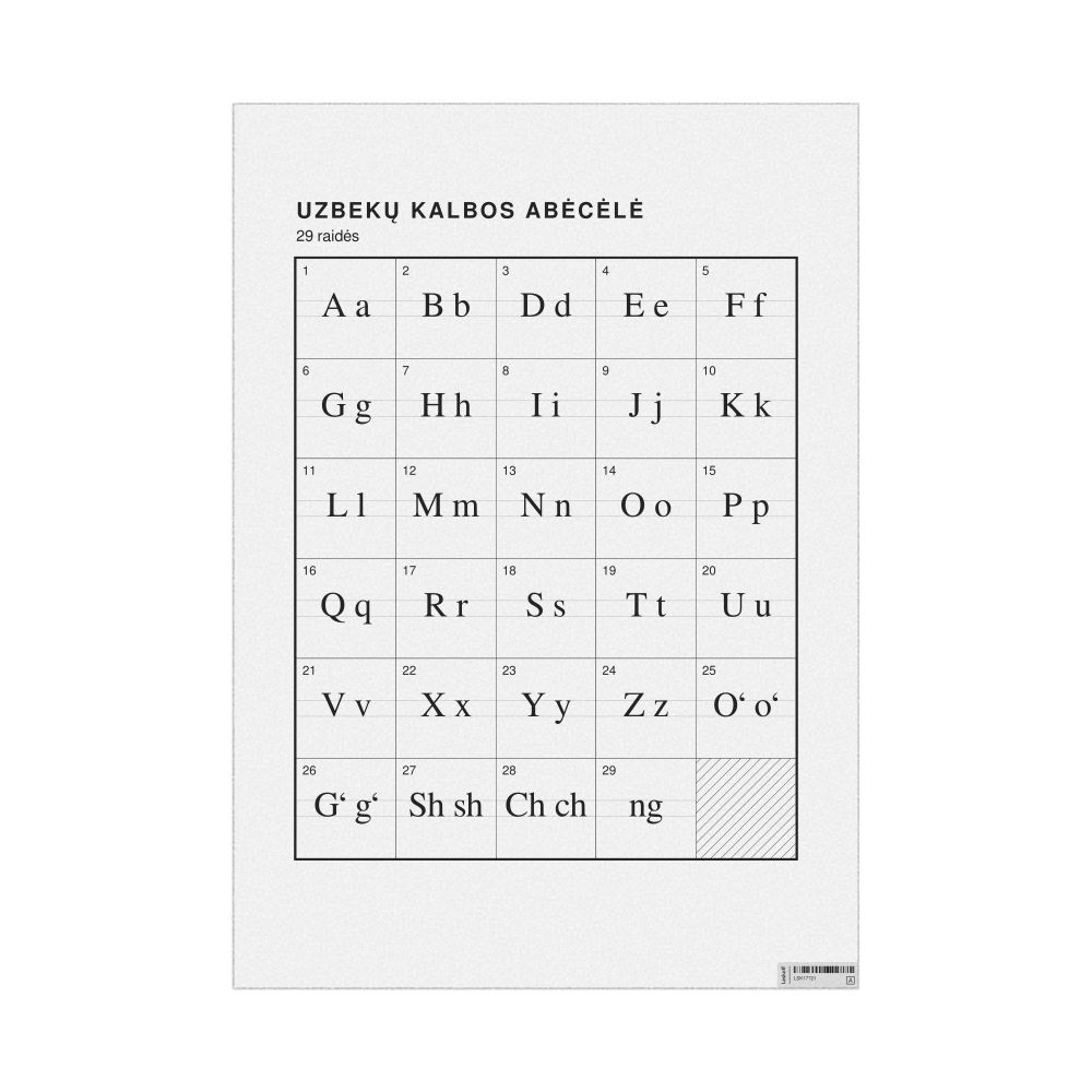 Leskoff Uzbek Alphabet Chart, 23.4 x 33.1 in (59.4 x 84.1 cm, Poster / Wall Chart), Lithuanian-Labeled, image 1 of 2