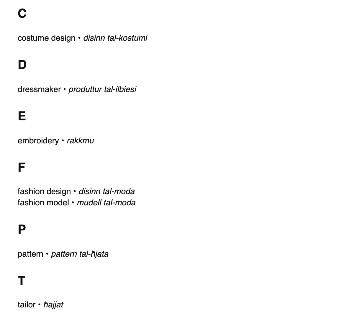 Fashion design terms in Maltese