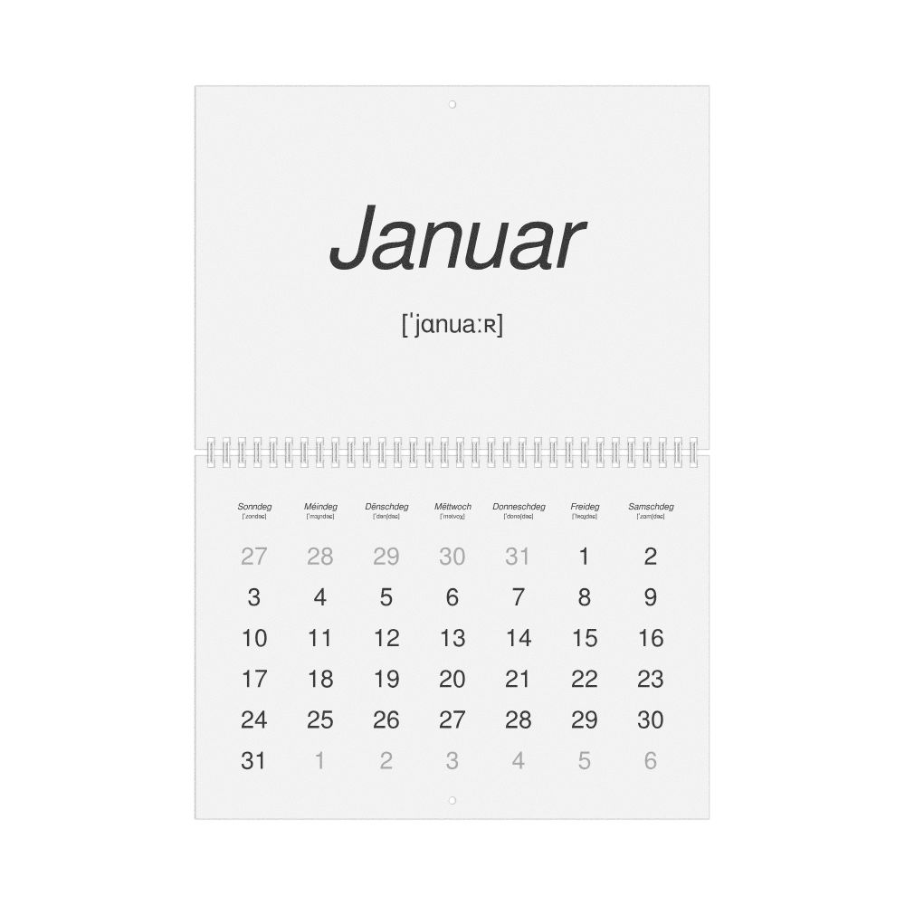 Leskoff 2027 Phonetic Wall Calendar, Luxembourgish-Labeled with IPA, Sunday-Start Layout, Wire-Bound, 11.7 x 8.3 in (29.7 x 21.0 cm), image 1 of 1