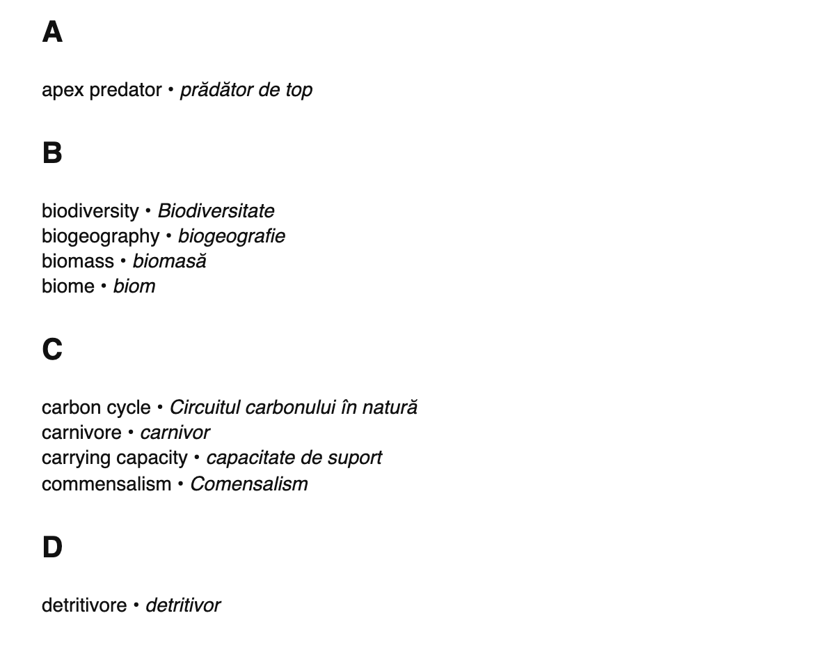 Ecology terms in Romanian