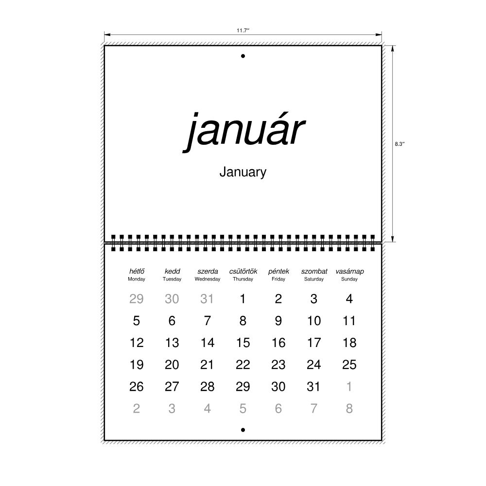 Leskoff 2026 Wall Calendar, Hungarian/English-Labeled, Monday-Start Layout, Wire-Bound, 11.7 x 8.3 in (29.7 x 21.0 cm), image 2 of 2