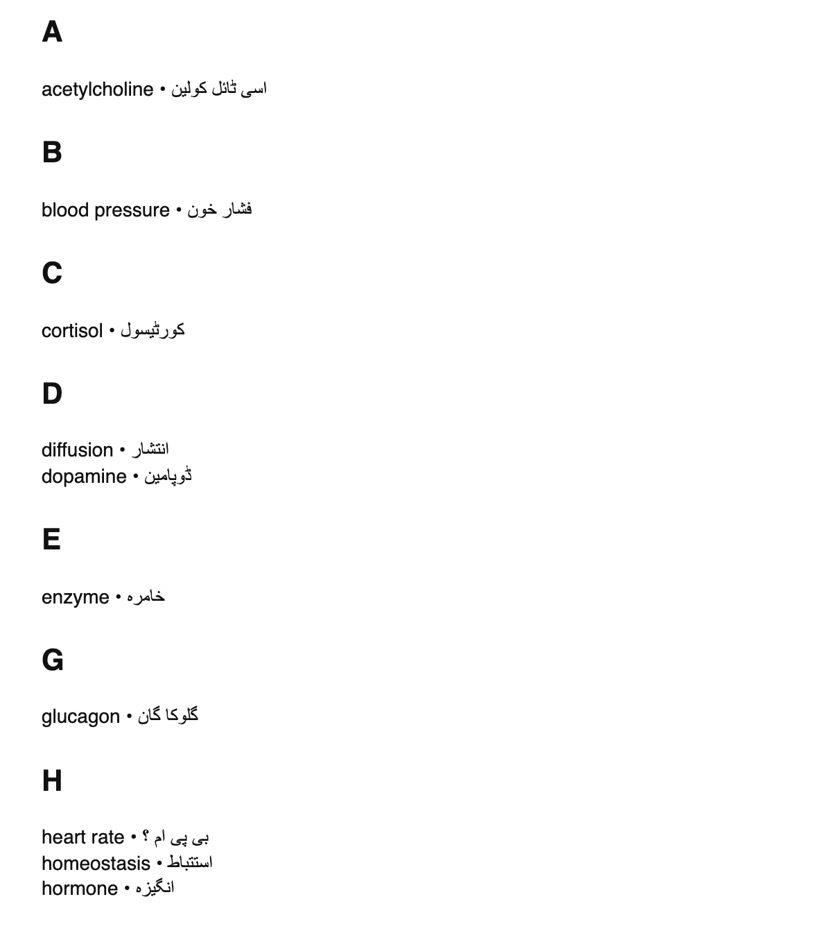 Physiology terms in Urdu