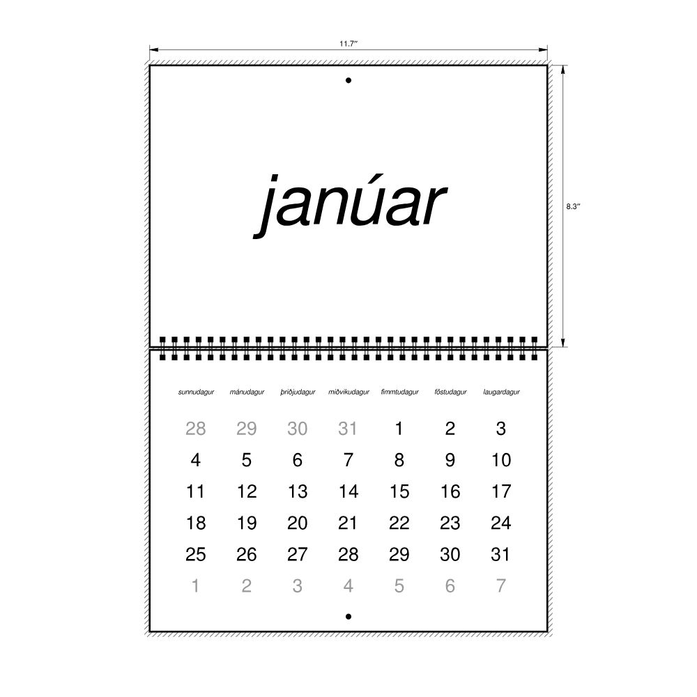 Leskoff 2026 Wall Calendar, Icelandic-Labeled, Sunday-Start Layout, Wire-Bound, 11.7 x 8.3 in (29.7 x 21.0 cm), image 2 of 2
