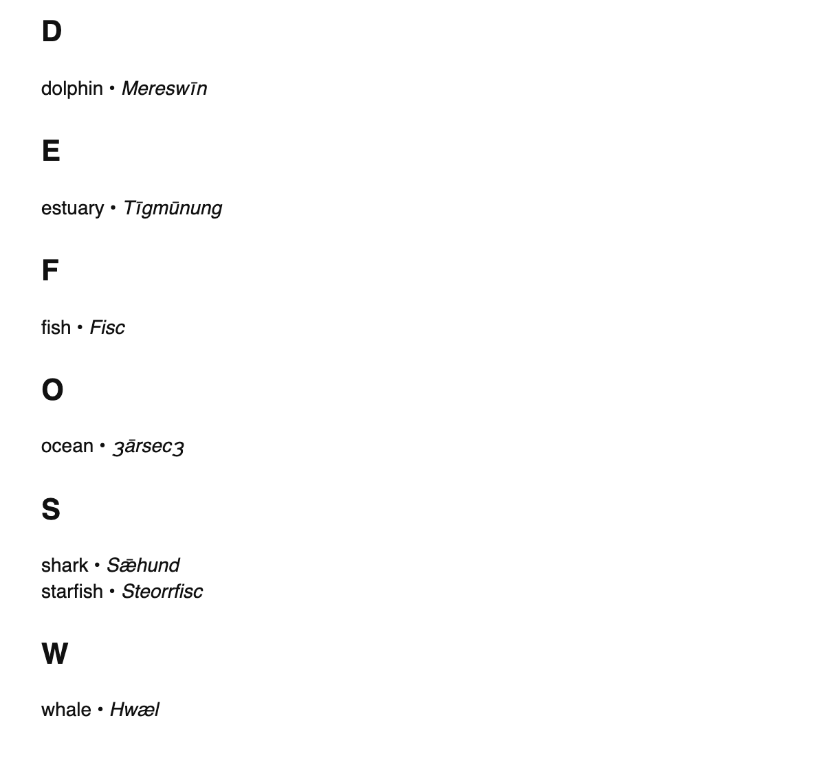 Marine biology terms in Old English