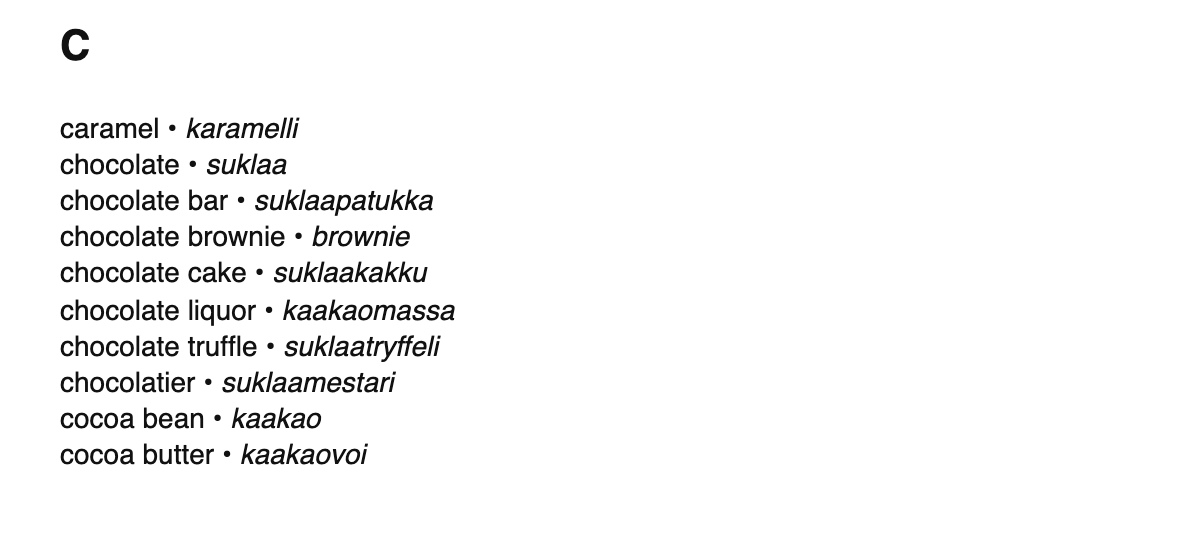 Chocolate terms in Finnish
