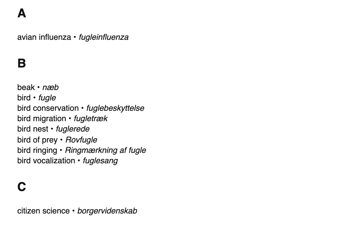 Ornithology terms in Danish