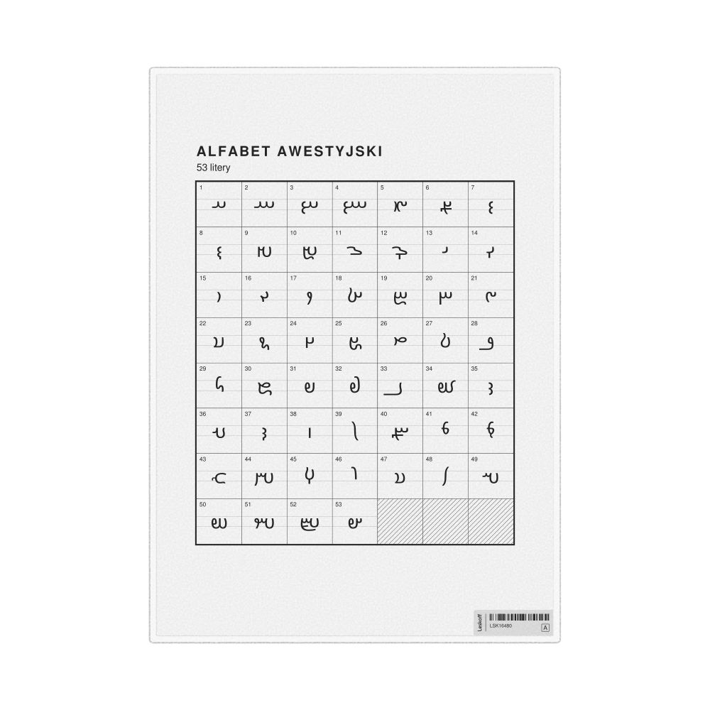 Leskoff Avestan Alphabet Chart, 8.3 x 11.7 in (21.0 x 29.7 cm, Desk Chart, Laminated), Polish-Labeled, image 1 of 2