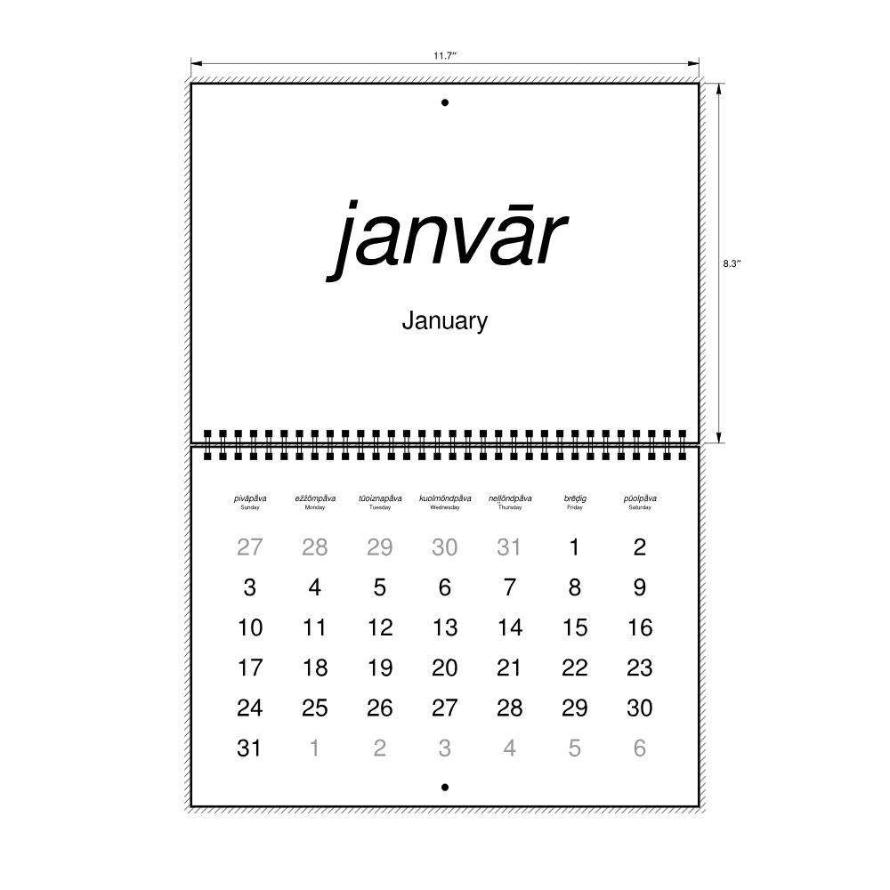 Leskoff 2027 Wall Calendar, Livonian/English-Labeled, Sunday-Start Layout, Wire-Bound, 11.7 x 8.3 in (29.7 x 21.0 cm), image 2 of 2