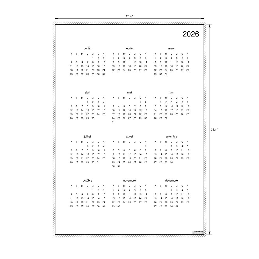 Leskoff 2026 Wall Calendar, Occitan-Labeled, Sunday-Start Layout, Poster / Wall Print, 23.4 x 33.1 in (59.4 x 84.1 cm), image 2 of 2