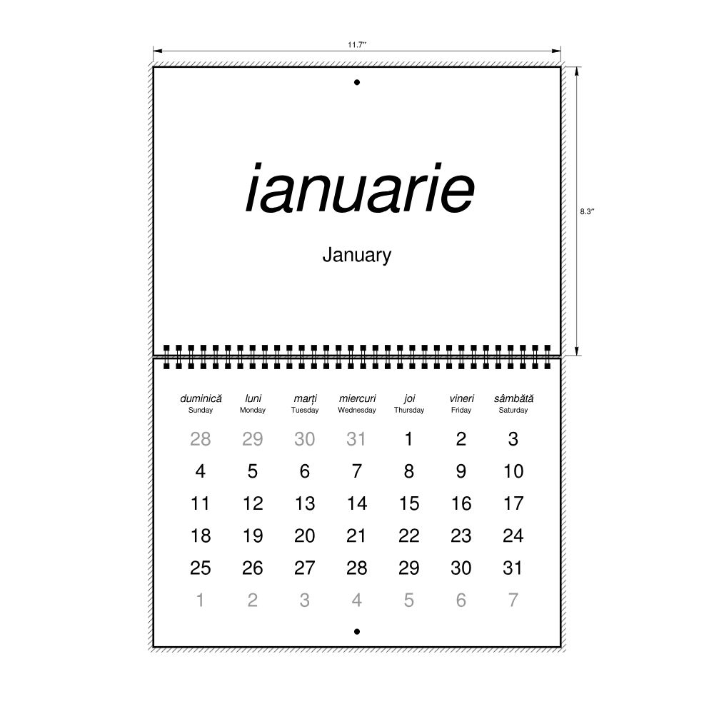 Leskoff 2026 Wall Calendar, Romanian/English-Labeled, Sunday-Start Layout, Wire-Bound, 11.7 x 8.3 in (29.7 x 21.0 cm), image 2 of 2