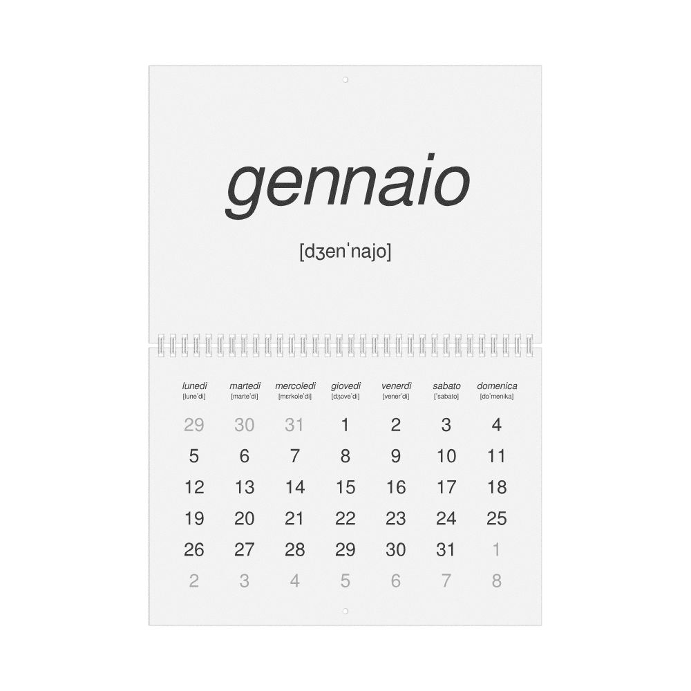 Leskoff 2026 Phonetic Wall Calendar, Italian-Labeled with IPA, Monday-Start Layout, Wire-Bound, 11.7 x 8.3 in (29.7 x 21.0 cm), image 1 of 1