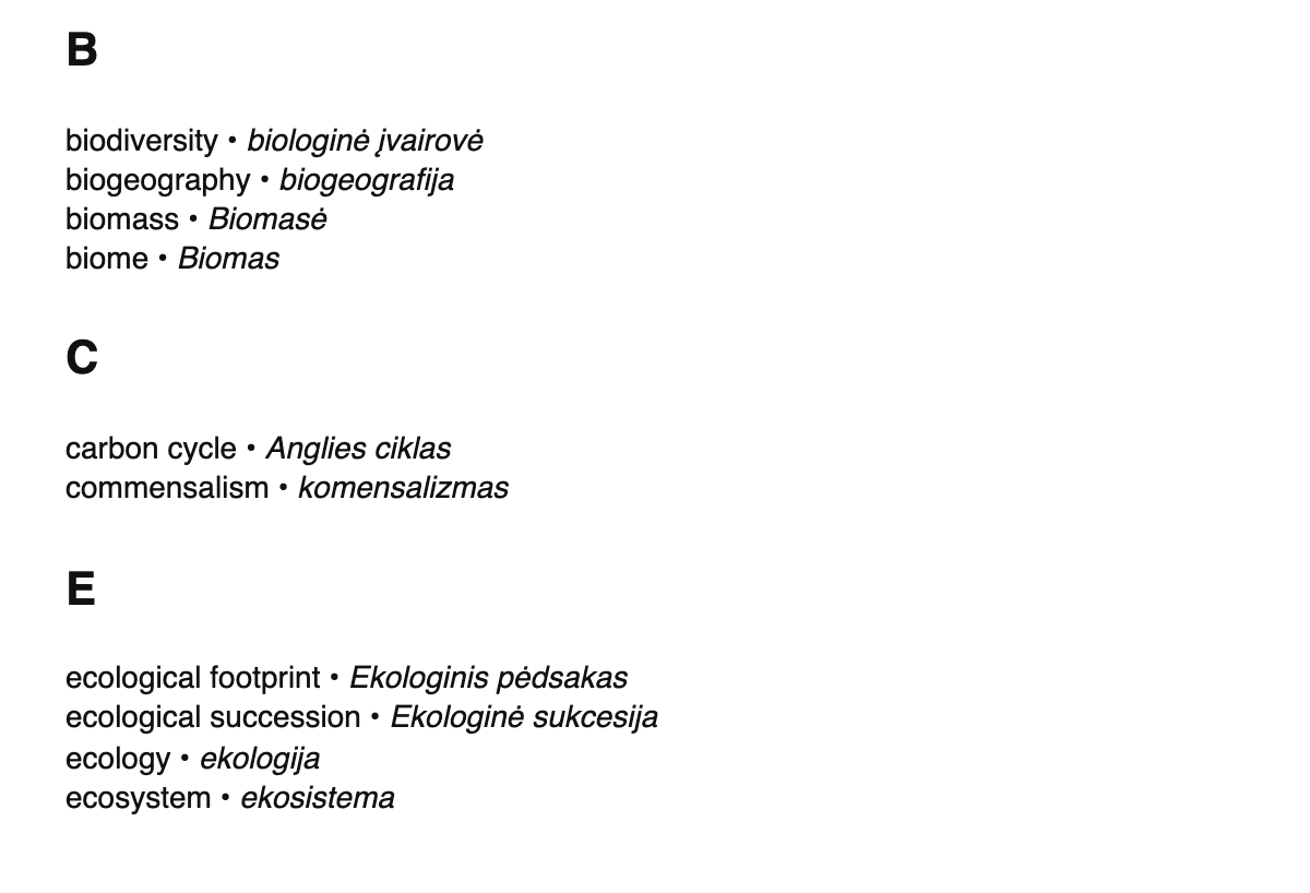 Ecology terms in Lithuanian