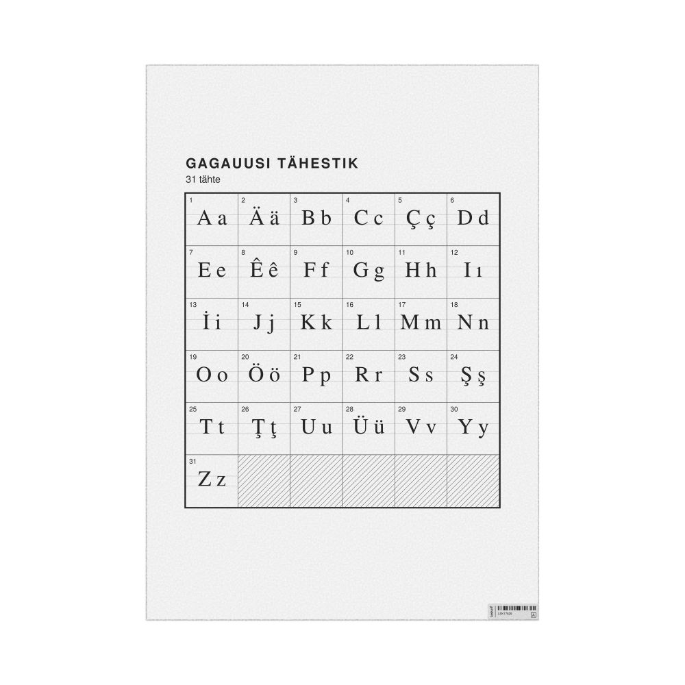 Leskoff Gagauz Alphabet Chart, 23.4 x 33.1 in (59.4 x 84.1 cm, Poster / Wall Chart), Estonian-Labeled, image 1 of 2