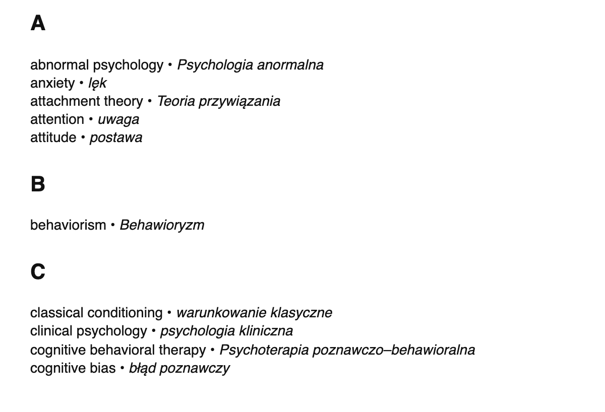Psychology terms in Polish