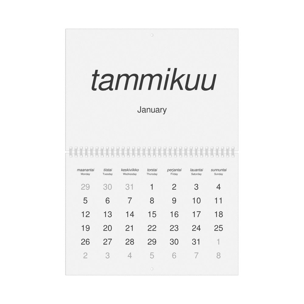 Leskoff 2026 Wall Calendar, Finnish/English-Labeled, Monday-Start Layout, Wire-Bound, 11.7 x 8.3 in (29.7 x 21.0 cm), image 1 of 1