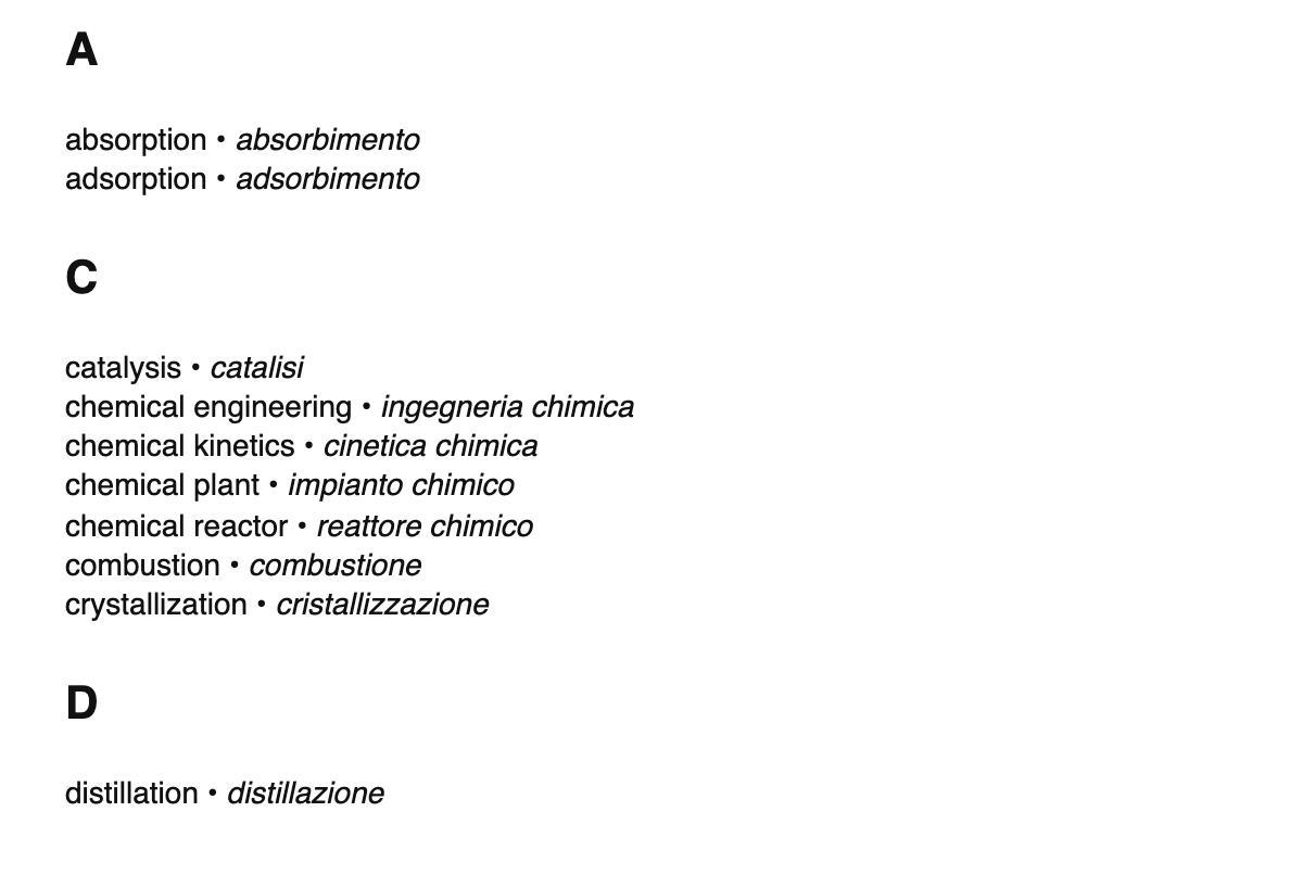 Chemical engineering terms in Italian