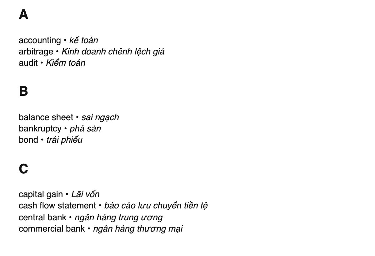 Finance terms in Vietnamese