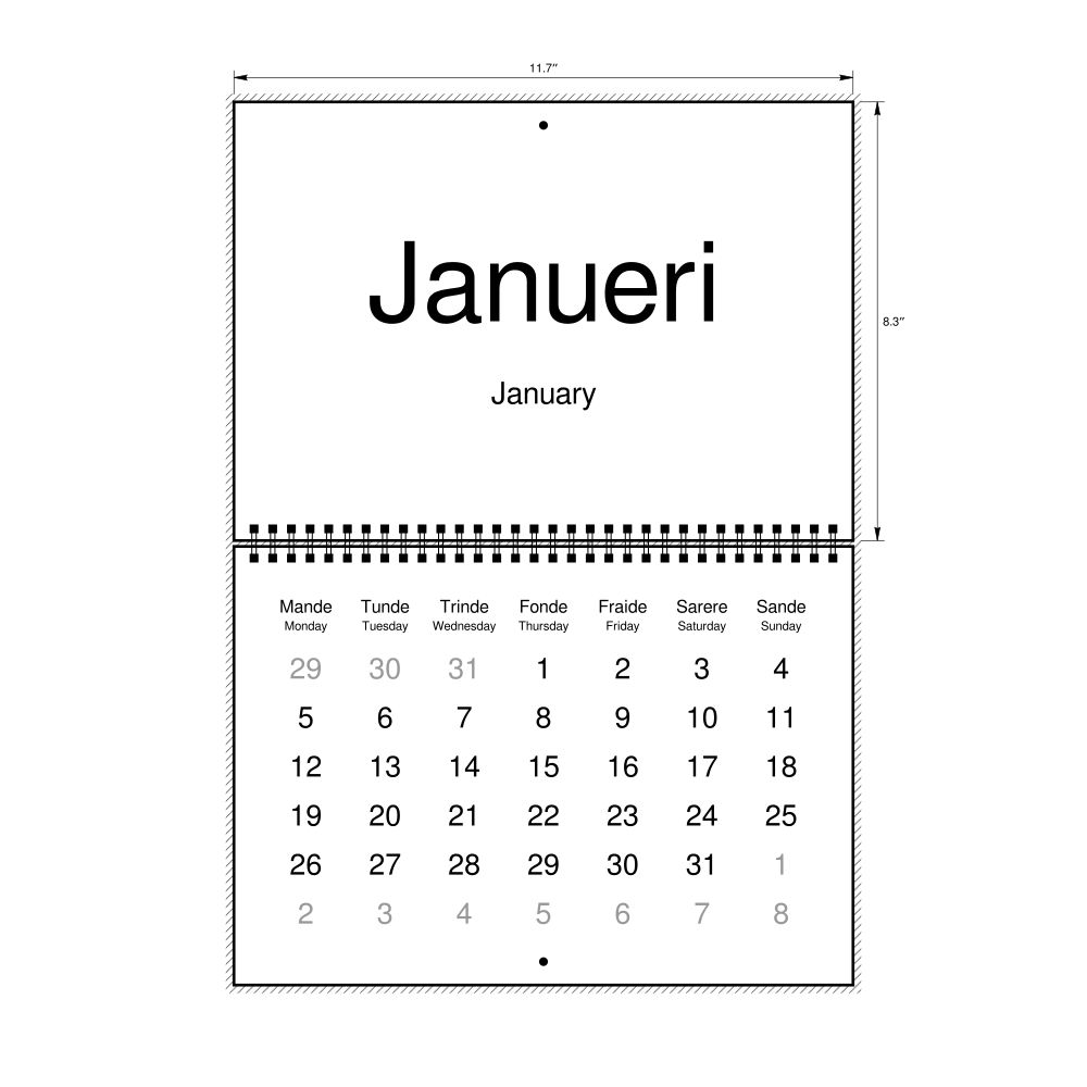 Leskoff 2026 Wall Calendar, Tok Pisin/English-Labeled, Monday-Start Layout, Wire-Bound, 11.7 x 8.3 in (29.7 x 21.0 cm), image 1 of 1