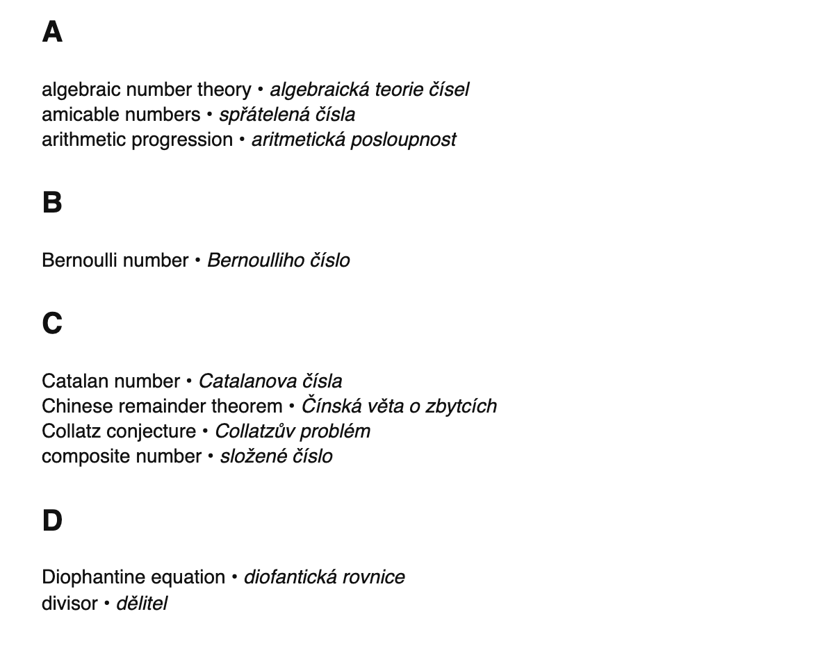 Number theory terms in Czech