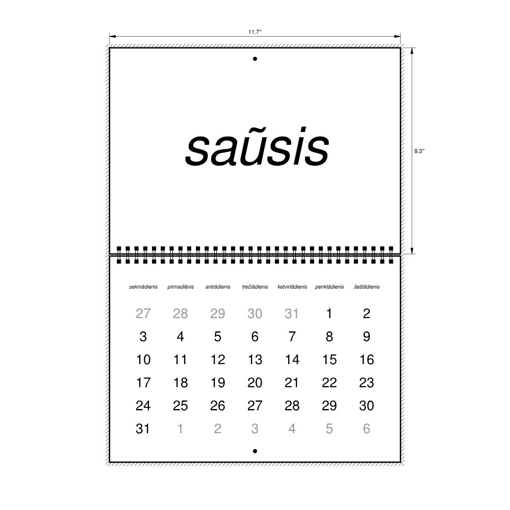 Leskoff 2027 Wall Calendar, Lithuanian (accented)-Labeled, Sunday-Start Layout, Wire-Bound, 11.7 x 8.3 in (29.7 x 21.0 cm), image 2 of 2