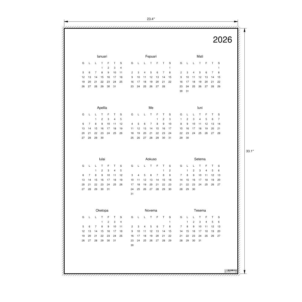 Leskoff 2026 Wall Calendar, Samoan-Labeled, Monday-Start Layout, Poster / Wall Print, 23.4 x 33.1 in (59.4 x 84.1 cm), image 2 of 2