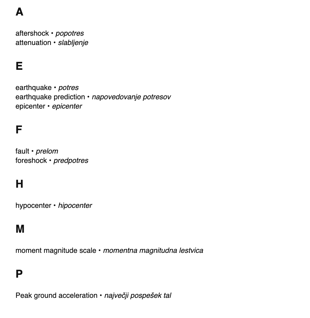 Seismology terms in Slovene