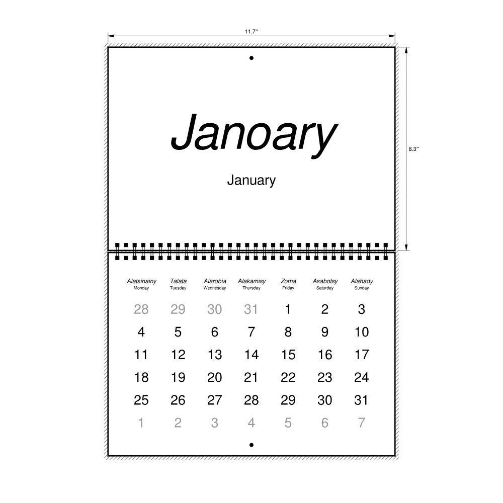 Leskoff 2027 Wall Calendar, Malagasy/English-Labeled, Monday-Start Layout, Wire-Bound, 11.7 x 8.3 in (29.7 x 21.0 cm), image 2 of 2