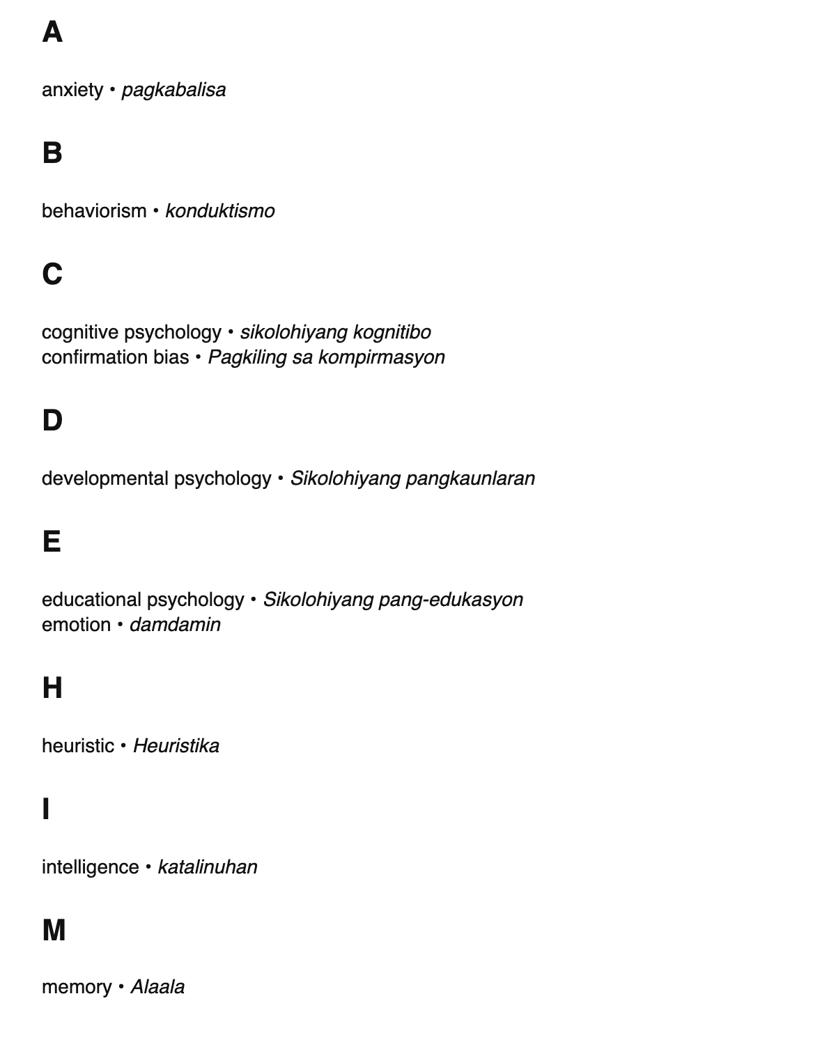 Psychology terms in Tagalog