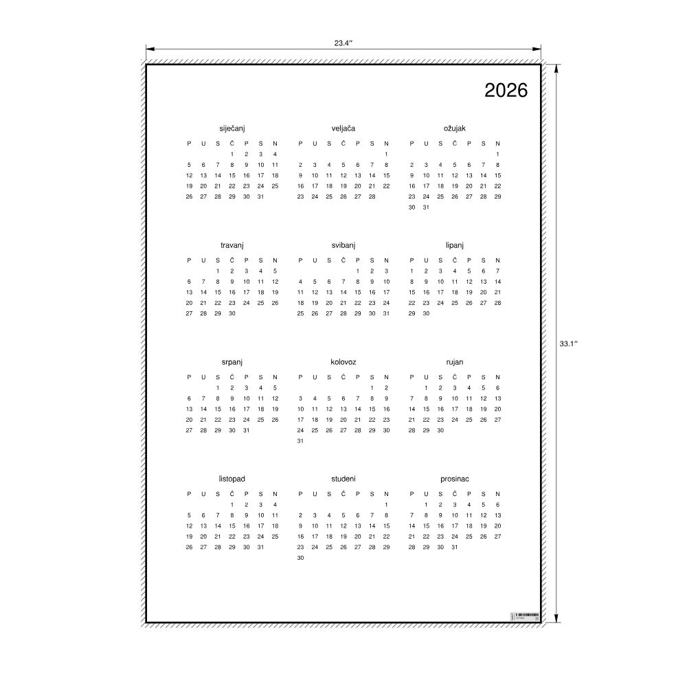 Leskoff 2026 Wall Calendar, Croatian-Labeled, Monday-Start Layout, Poster / Wall Print, 23.4 x 33.1 in (59.4 x 84.1 cm), image 2 of 2