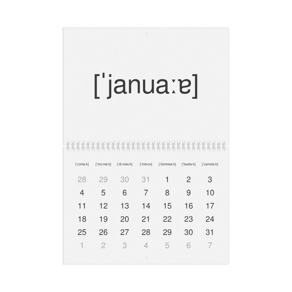 Leskoff 2026 Phonetic Wall Calendar, IPA-Labeled (German), Sunday-Start Layout, Wire-Bound, 11.7 x 8.3 in (29.7 x 21.0 cm), image 1 of 1