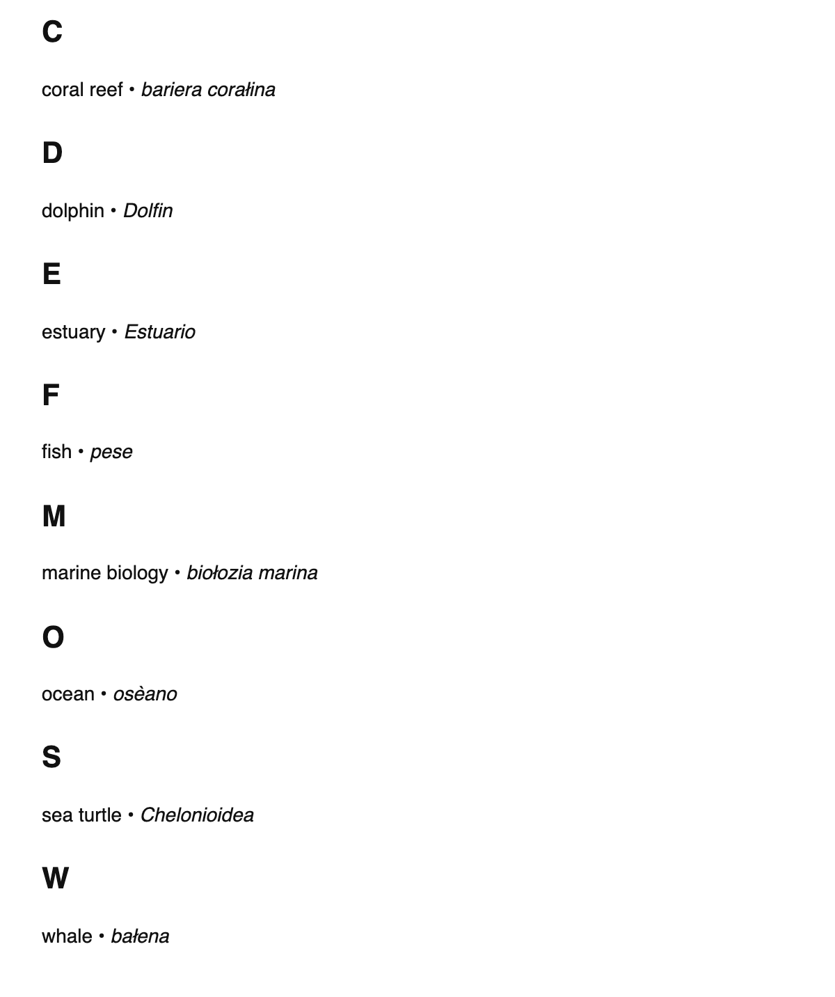 Marine biology terms in Venetian