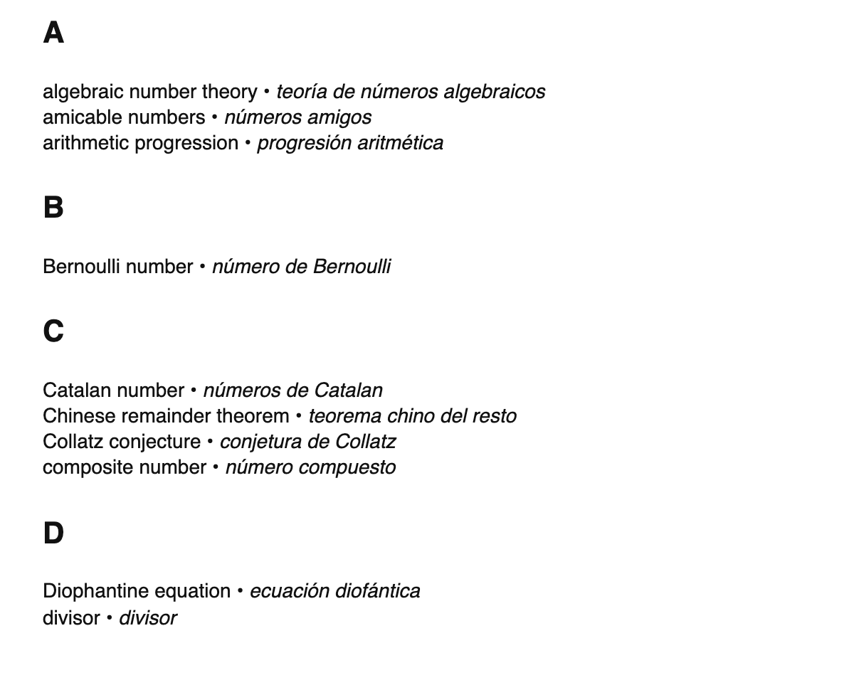 Number theory terms in Spanish