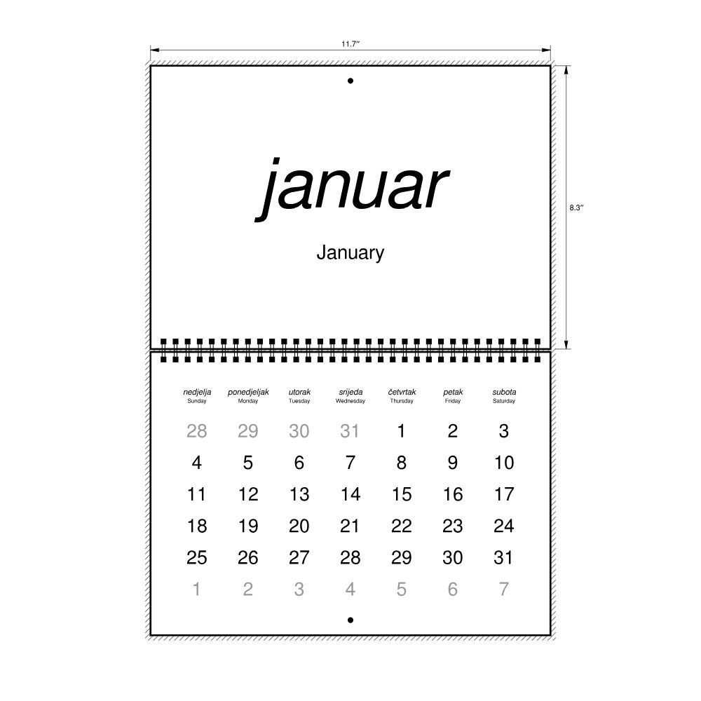 Leskoff 2026 Wall Calendar, Bosnian/English-Labeled, Sunday-Start Layout, Wire-Bound, 11.7 x 8.3 in (29.7 x 21.0 cm), image 2 of 2