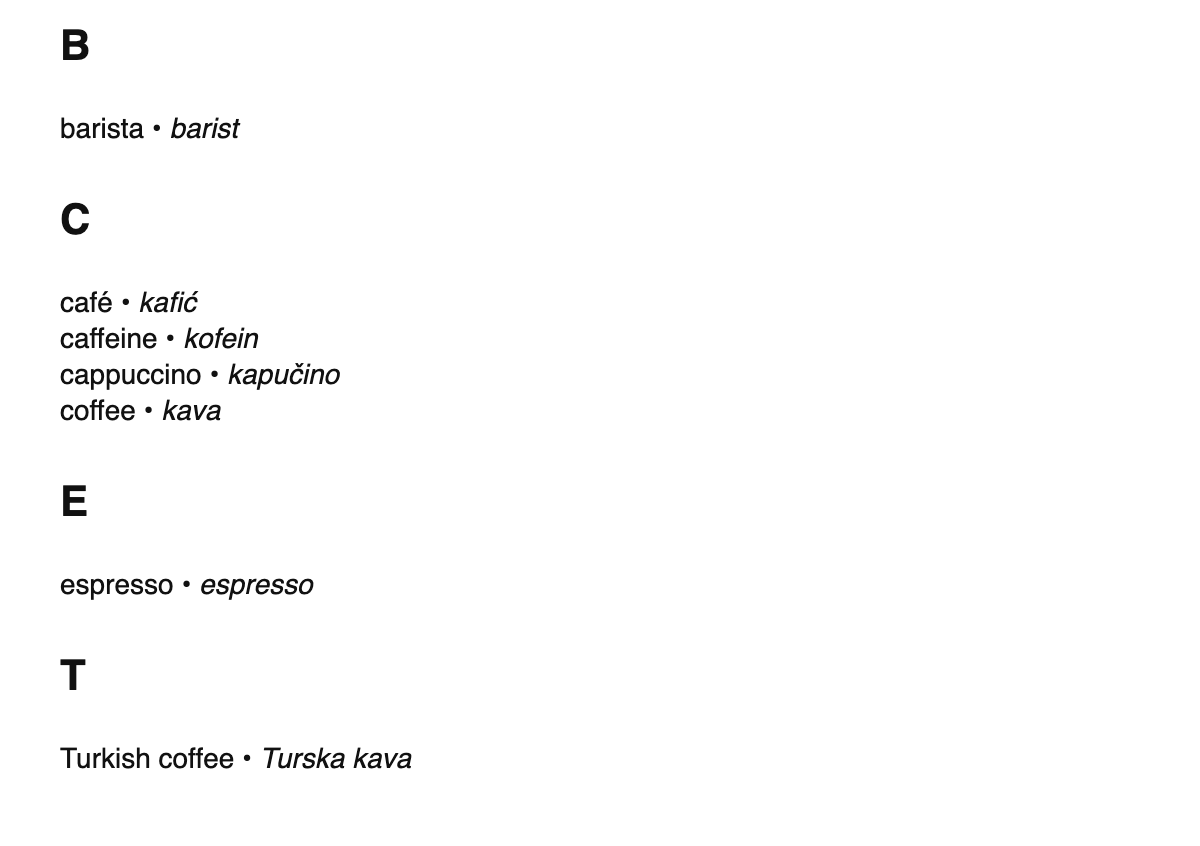 Coffee terms in Croatian