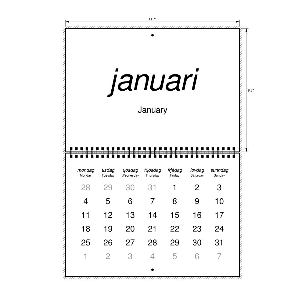 Leskoff 2027 Wall Calendar, Elfdalian/English-Labeled, Monday-Start Layout, Wire-Bound, 11.7 x 8.3 in (29.7 x 21.0 cm), image 2 of 2