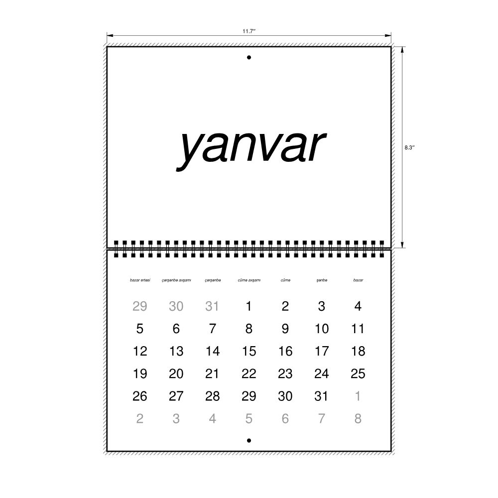 Leskoff 2026 Wall Calendar, Azerbaijani-Labeled, Monday-Start Layout, Wire-Bound, 11.7 x 8.3 in (29.7 x 21.0 cm), image 2 of 2