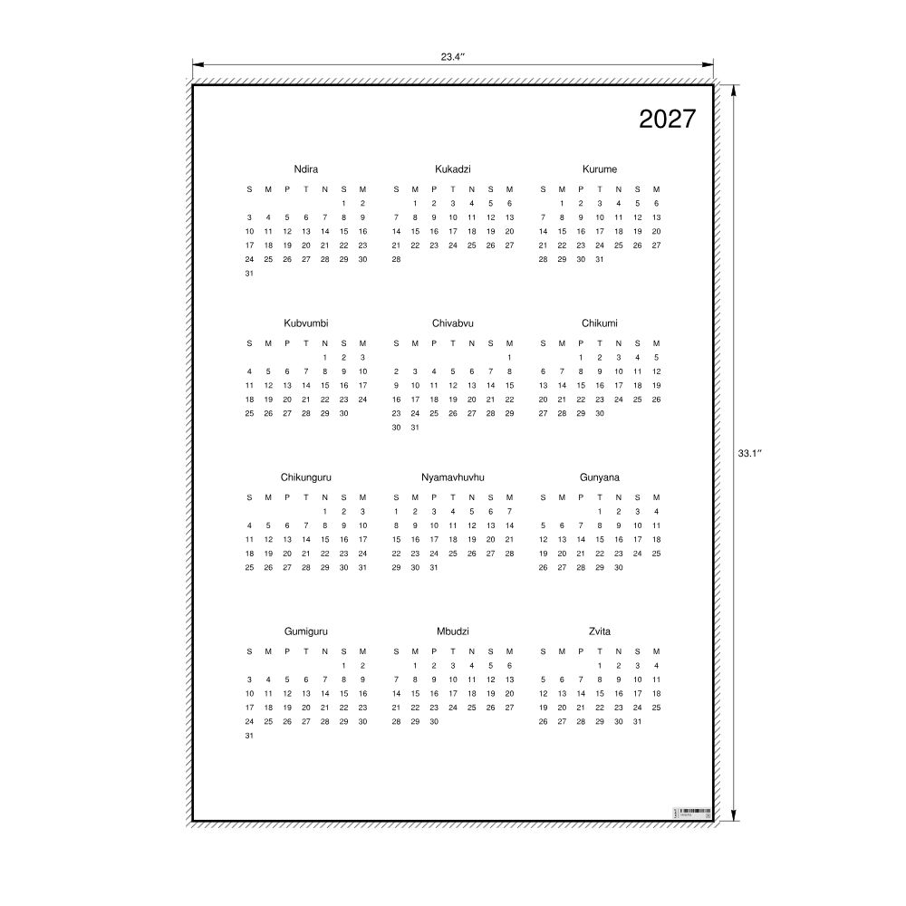 Leskoff 2027 Wall Calendar, Shona-Labeled, Sunday-Start Layout, Poster / Wall Print, 23.4 x 33.1 in (59.4 x 84.1 cm), image 2 of 2