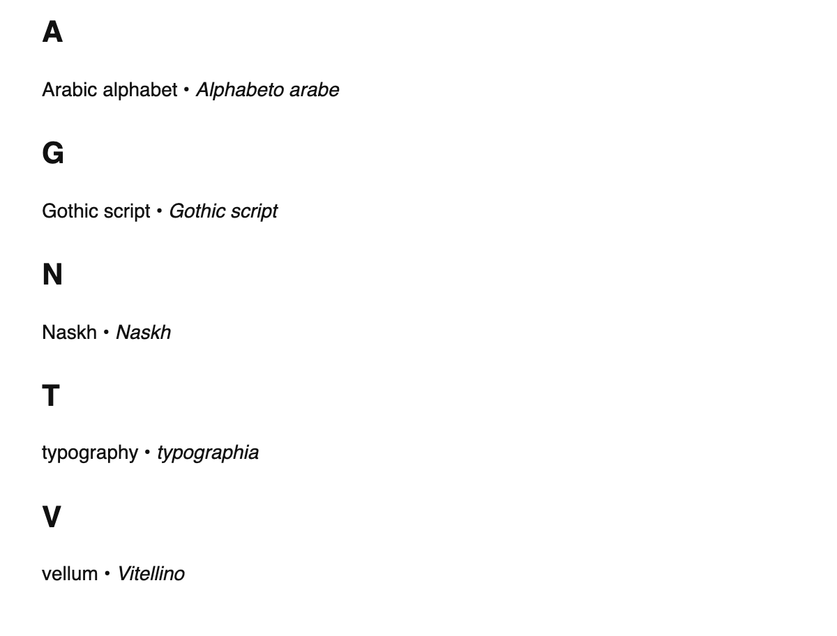 Calligraphy terms in Interlingua
