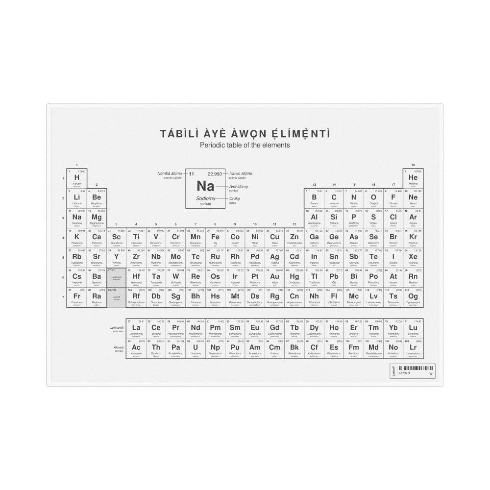 Leskoff Periodic Table Chart, 11.7 x 8.3 in (29.7 x 21.0 cm, Desk Chart, Laminated), 18-Column Layout, Yoruba/English-Labeled, image 1 of 2