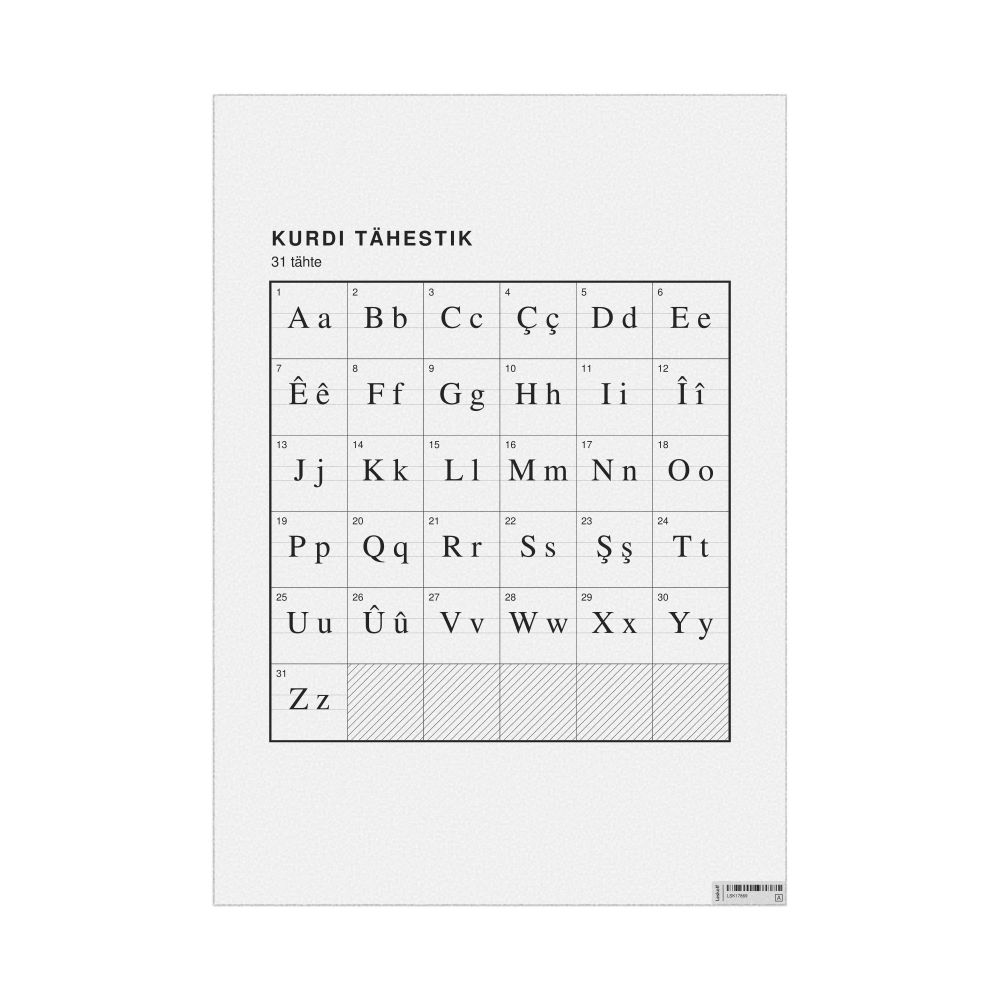 Leskoff Kurdish Alphabet Chart, 23.4 x 33.1 in (59.4 x 84.1 cm, Poster / Wall Chart), Estonian-Labeled, image 1 of 2