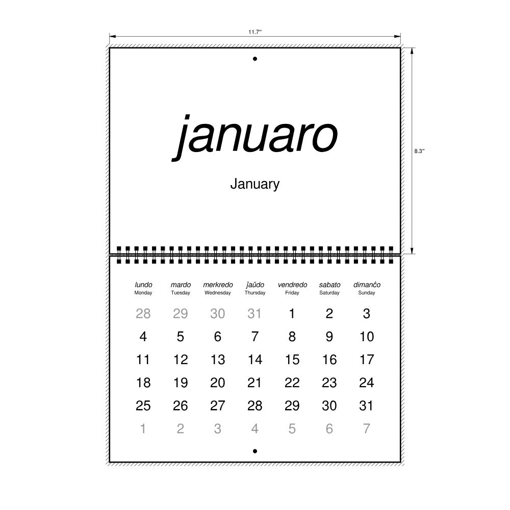 Leskoff 2027 Wall Calendar, Esperanto/English-Labeled, Monday-Start Layout, Wire-Bound, 11.7 x 8.3 in (29.7 x 21.0 cm), image 2 of 2