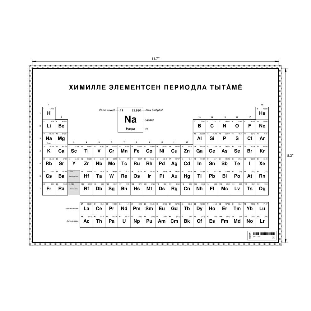Leskoff Periodic Table Chart, 11.7 x 8.3 in (29.7 x 21.0 cm, Desk Chart, Laminated), 18-Column Layout, Chuvash-Labeled, image 1 of 2