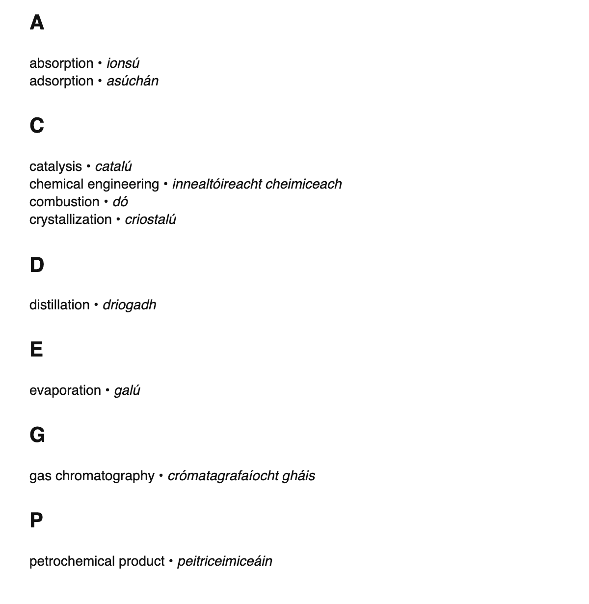Chemical engineering terms in Irish