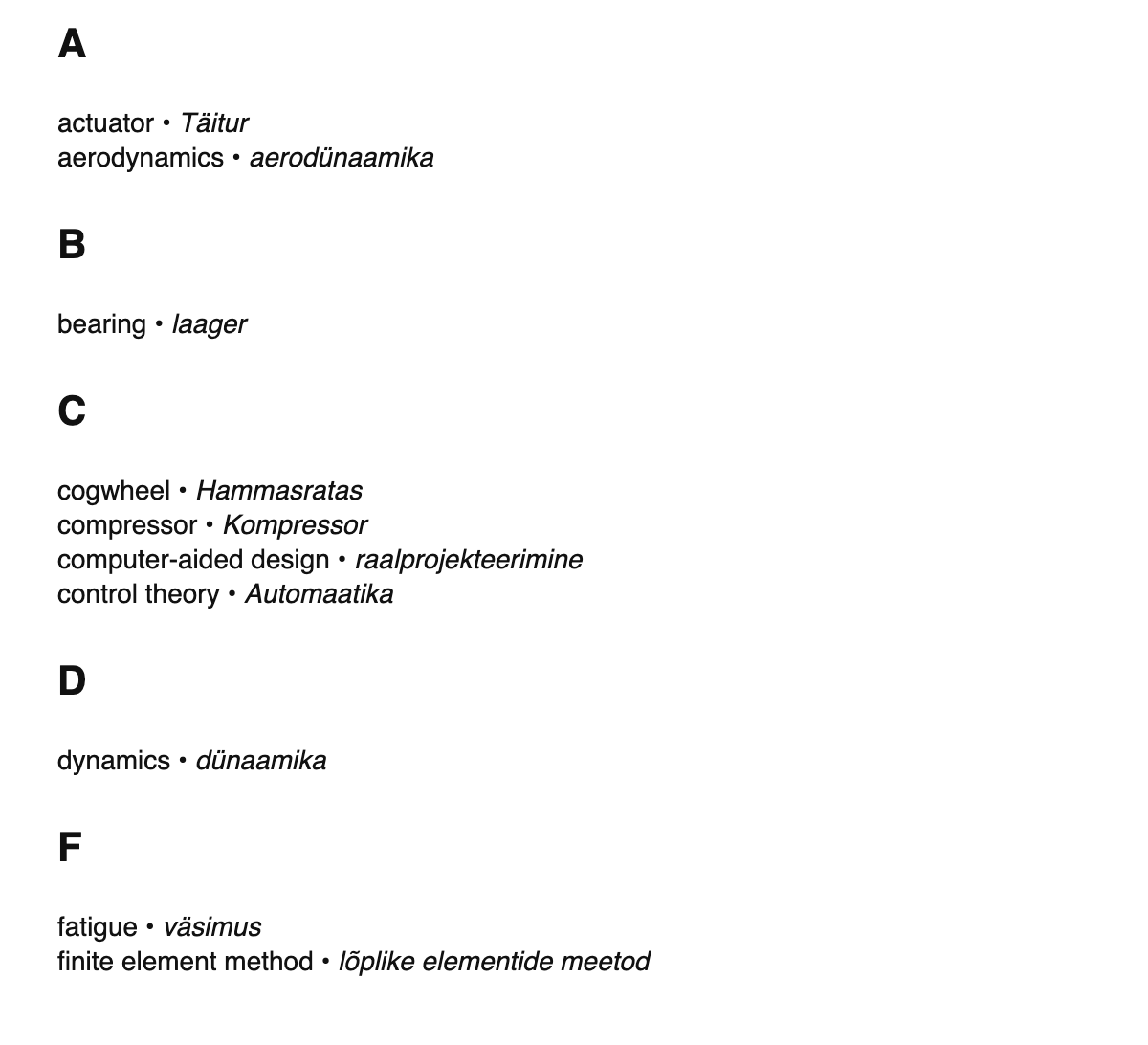 Mechanical engineering terms in Estonian