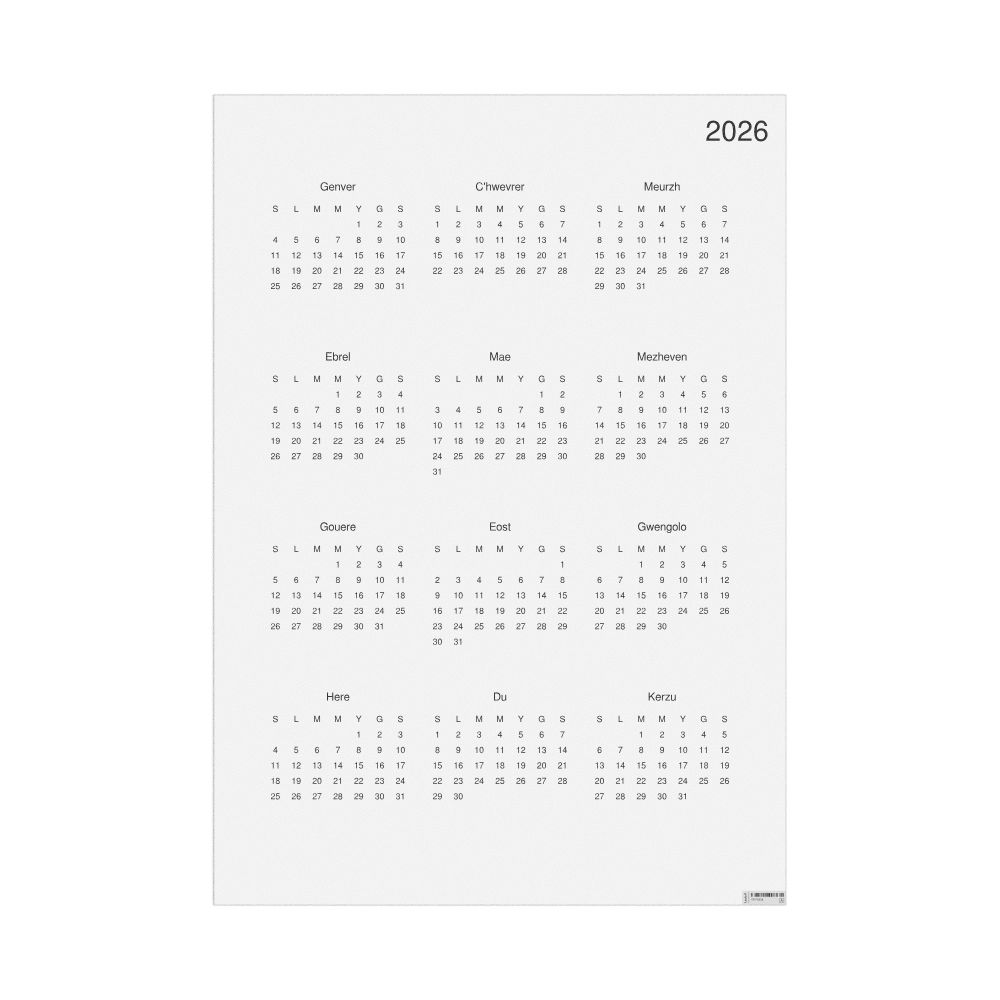 Leskoff 2026 Wall Calendar, Breton-Labeled, Sunday-Start Layout, Poster / Wall Print, 23.4 x 33.1 in (59.4 x 84.1 cm), image 1 of 1