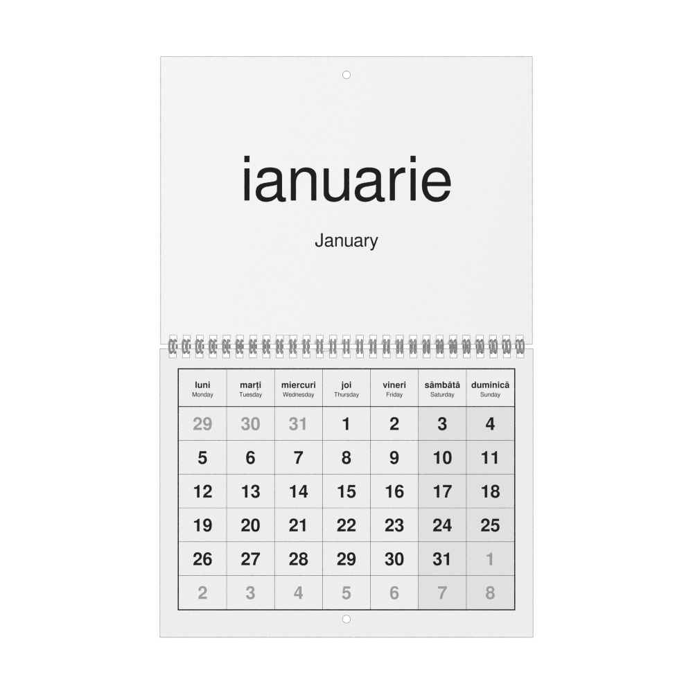 Leskoff 2026 Wall Calendar, Romanian/English-Labeled, Monday-Start Layout, Wire-Bound, 11 x 8.5 in (27.9 x 21.6 cm), image 1 of 1